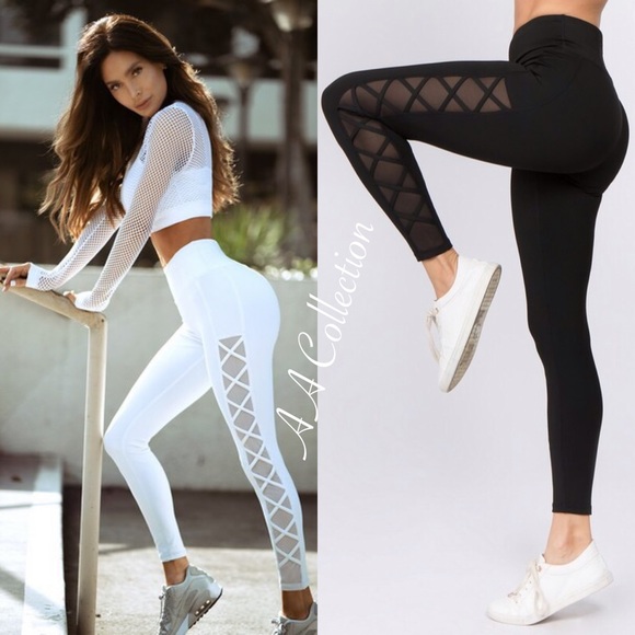 Pants - workout leggings mesh sheer yoga active wear Black